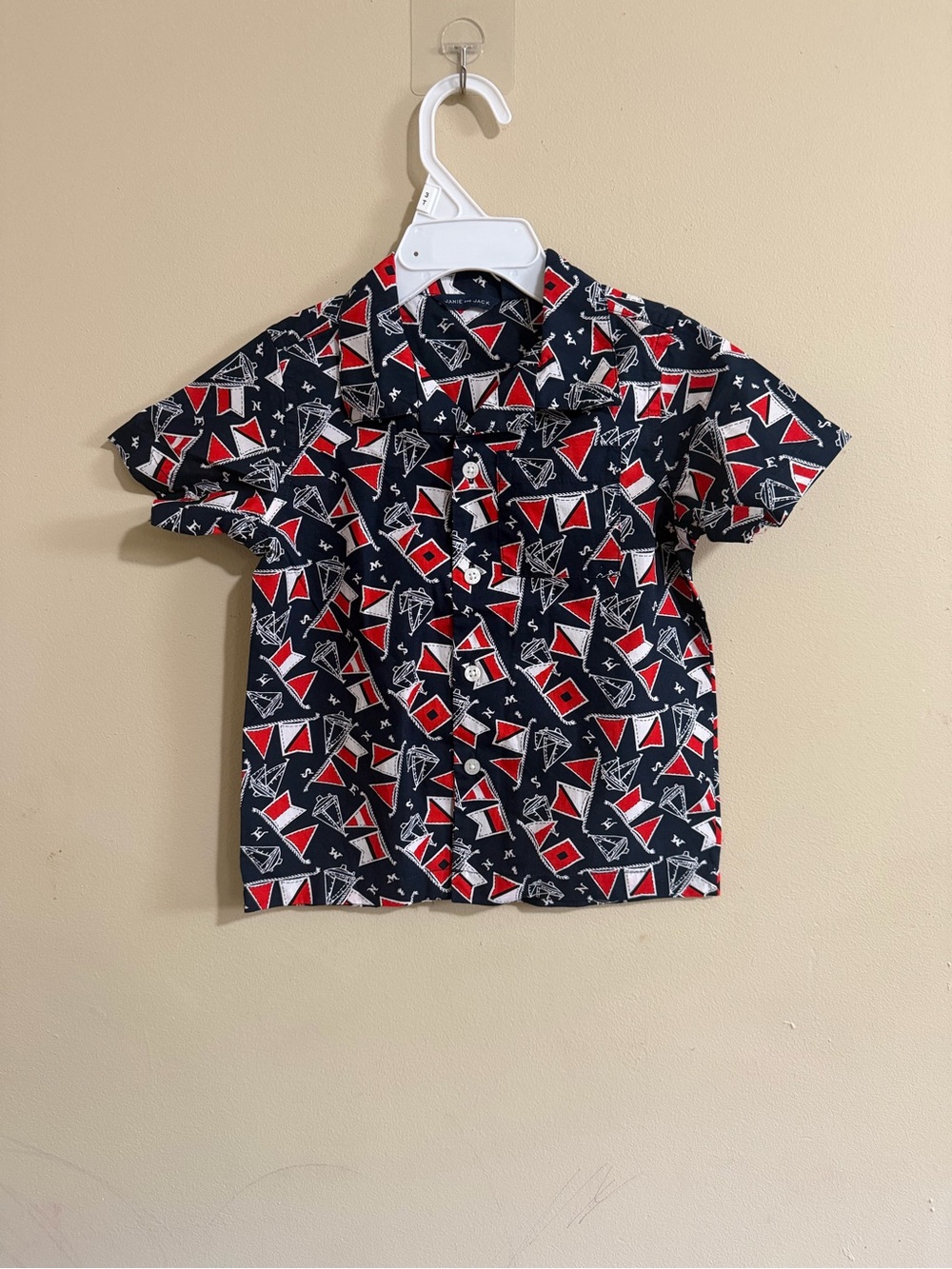 Janie and Jack Navy Short-Sleeve Button-Down with Red & White Sailboat Print